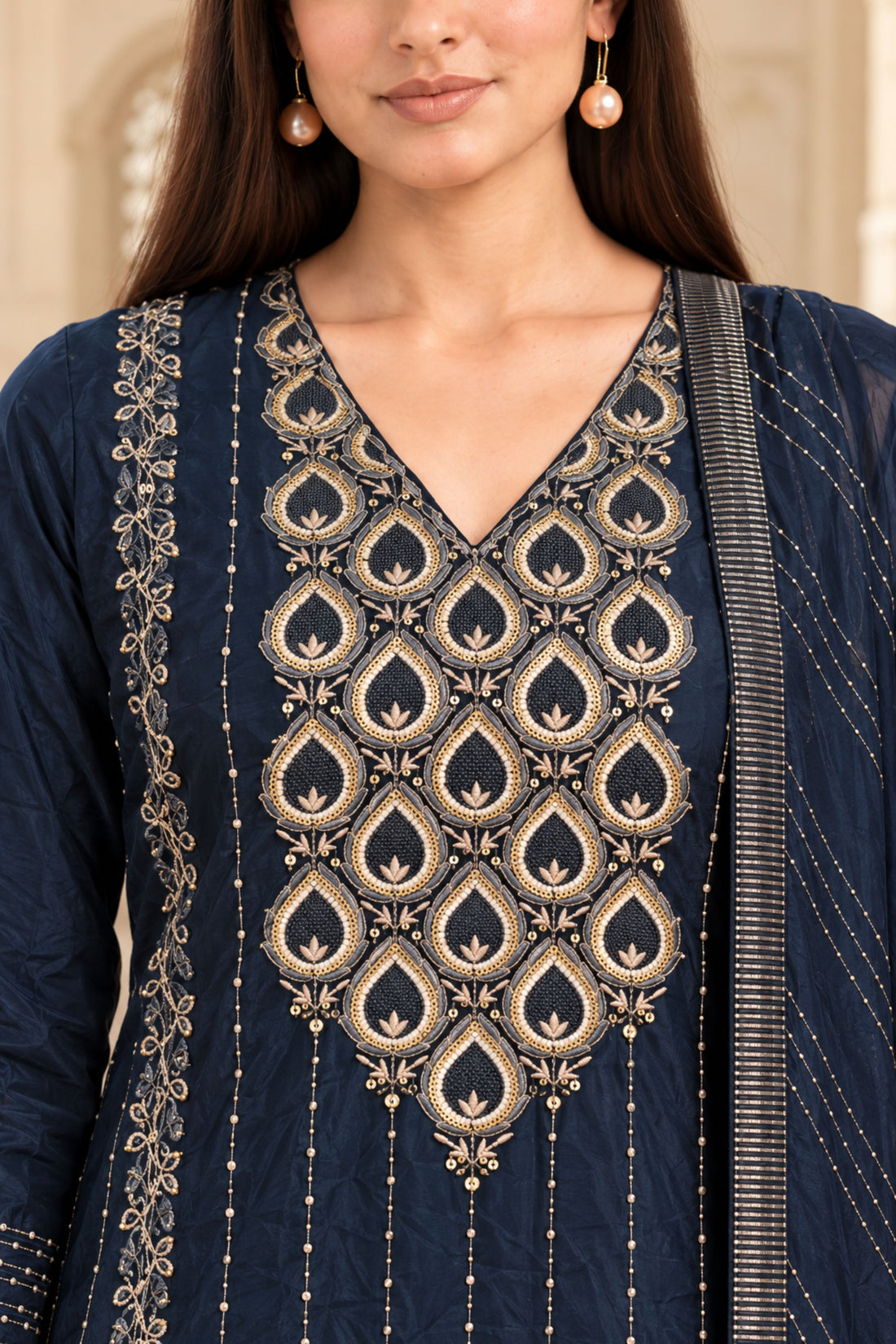 Blue with crepe fabric Ethnic Motifs Embroidered Sequinned Kurta with Palazzos & Dupatta