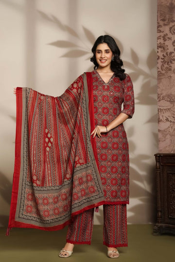 Maroon Printed Cotton 3-Piece Suit Set