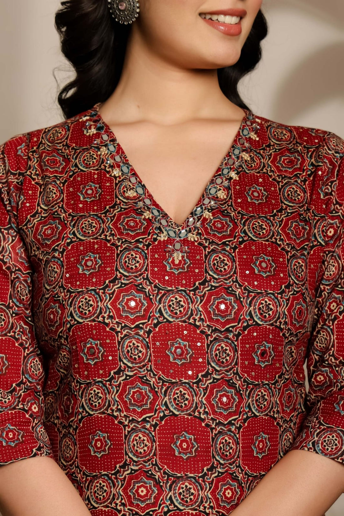 Maroon Printed Cotton 3-Piece Suit Set