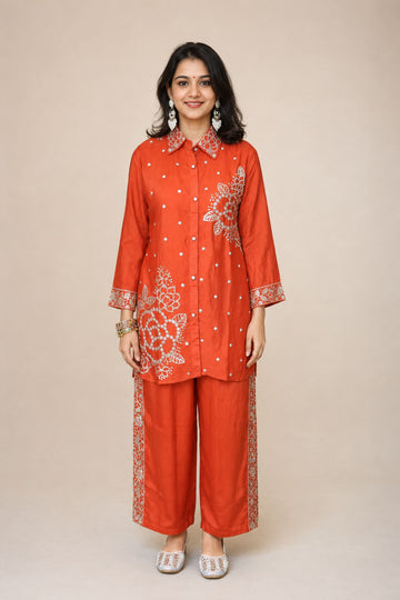 Rust Floral Embroidered Silk Co-ord Set (Shirt & Pant)