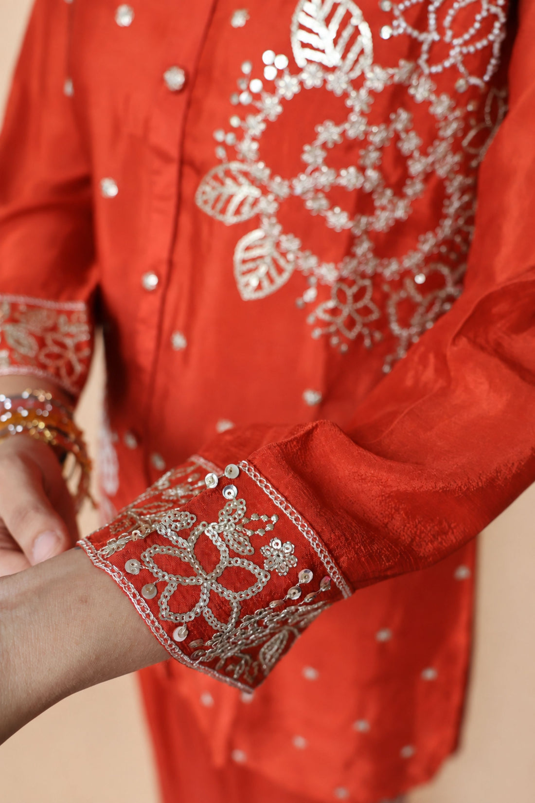 Rust Floral Embroidered Silk Co-ord Set (Shirt & Pant)