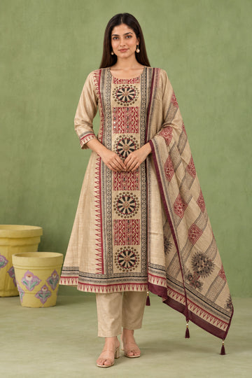 Beige Chanderi Ethnic Printed Straight Kurta with Trousers & Dupatta