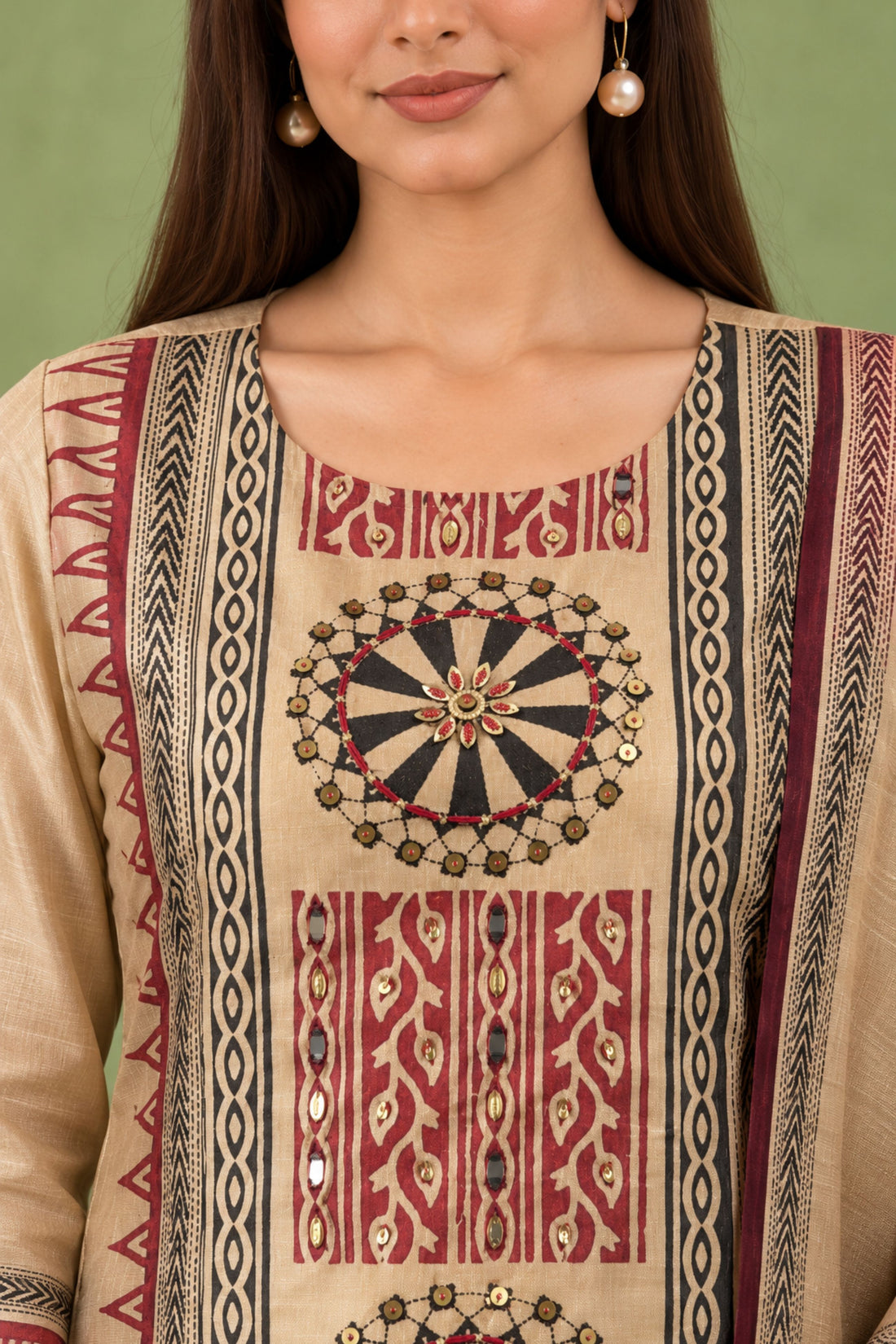 Beige Chanderi Ethnic Printed Straight Kurta with Trousers & Dupatta