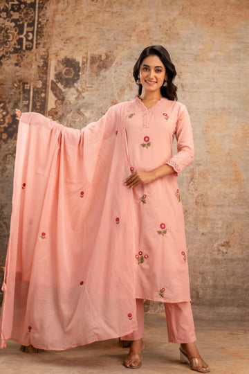 Peach Cotton Embroidered 3-Piece Suit Set