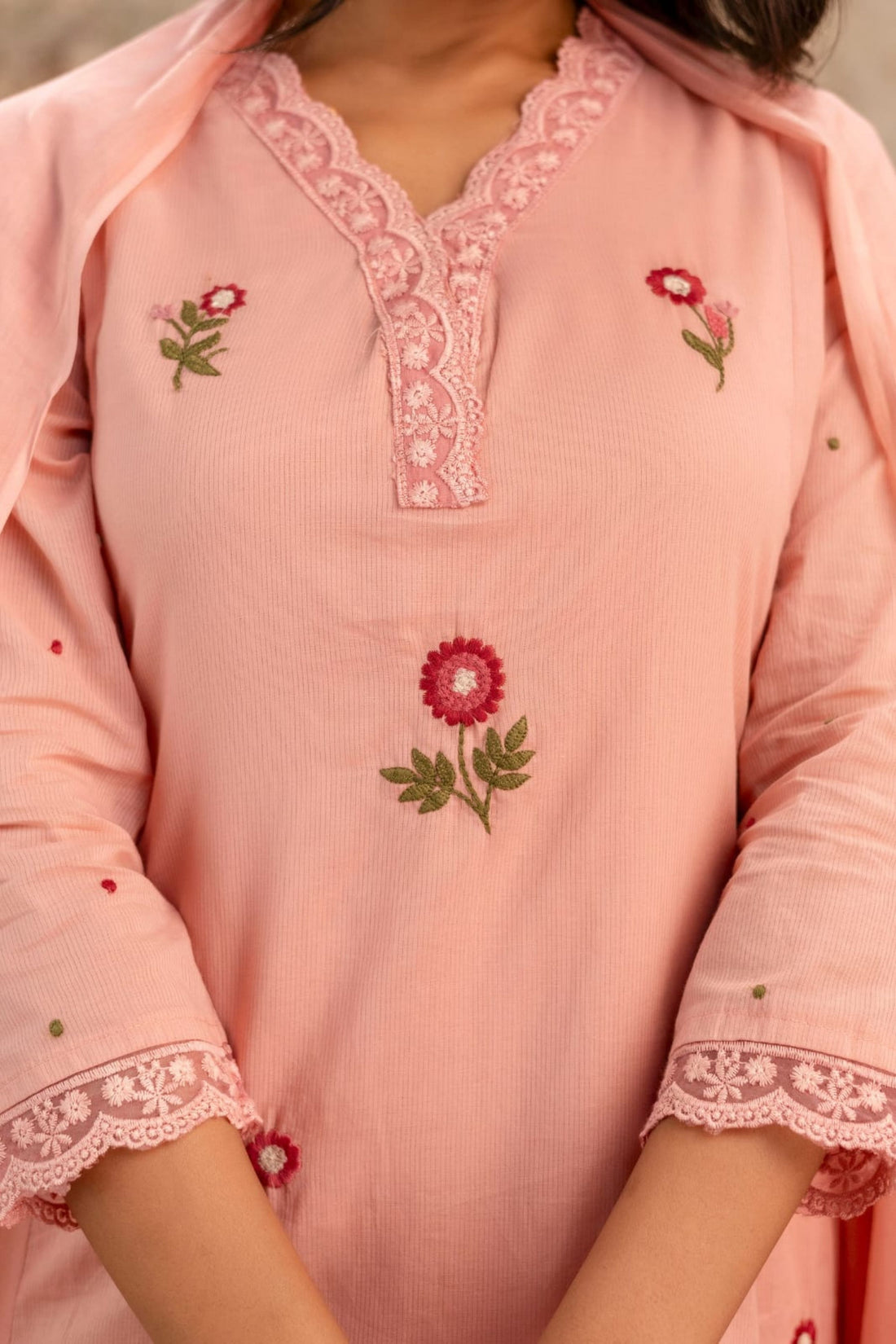 Peach Cotton Embroidered 3-Piece Suit Set