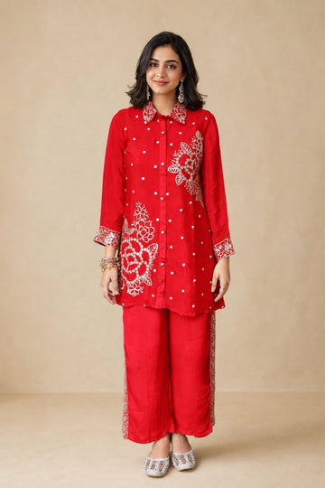 Red Floral Embroidered Silk Co-ord Set (Shirt & Pant)