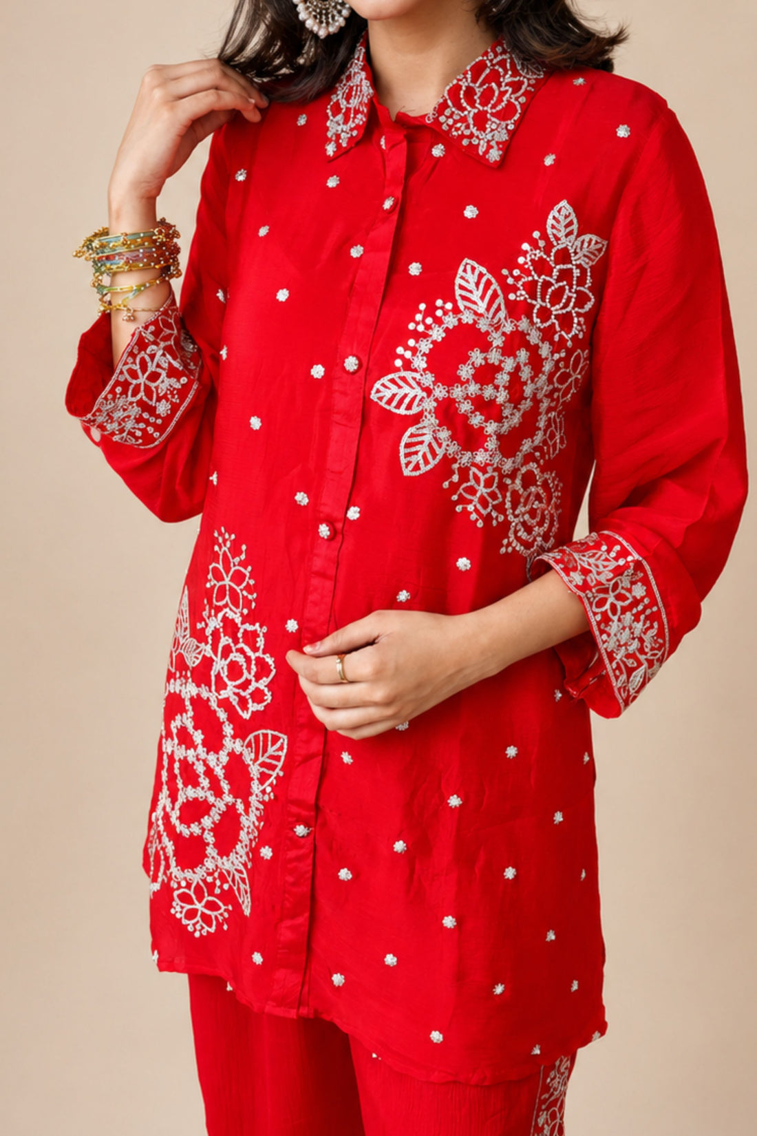 Red Floral Embroidered Silk Co-ord Set (Shirt & Pant)