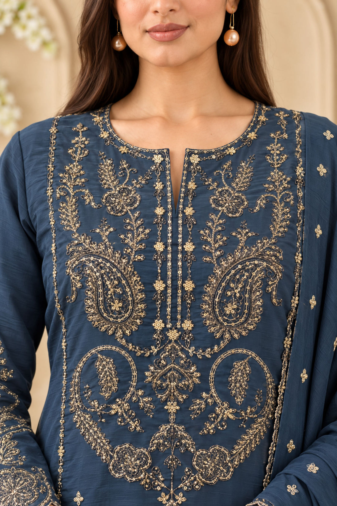 Blue Crepe Fabric Floral Embroidered Sequinned A-Line Kurta with Bishop Sleeves, Trousers & Dupatta