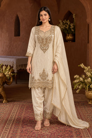 Cream Shimmer Fabric Toned Embroidered Tissue Kurta with Farshi Salwar & Dupatta