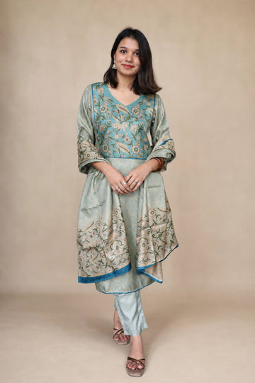 Rama Green Floral Printed Straight Kurta with Pants & Dupatta
