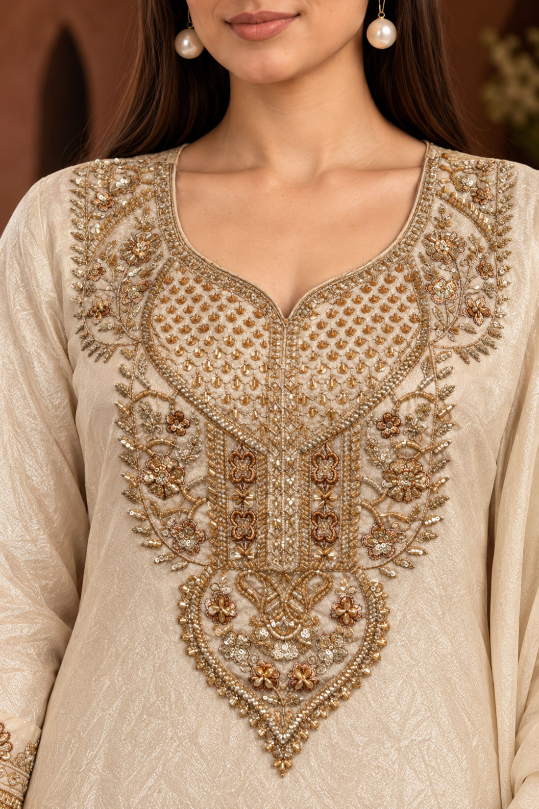 Cream Shimmer Fabric Toned Embroidered Tissue Kurta with Farshi Salwar & Dupatta