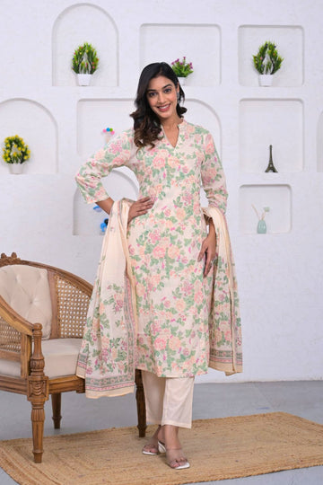 Cream Floral Printed Cotton 3-Piece Suit Set