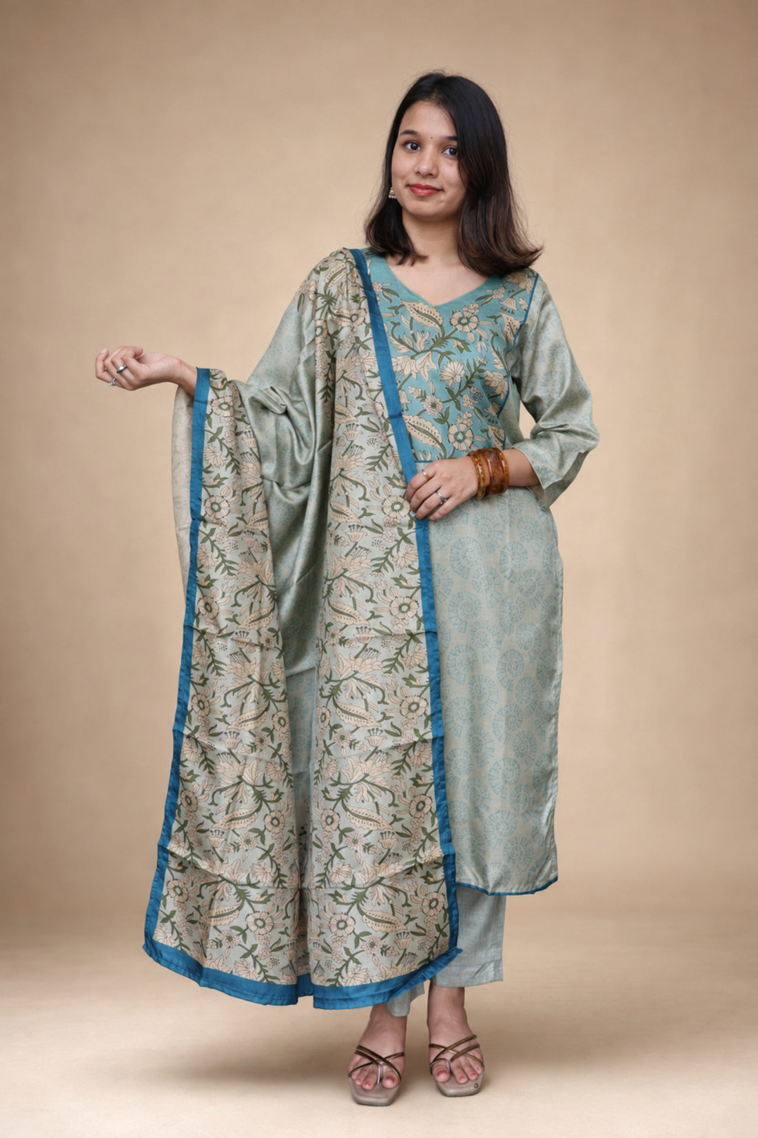 Rama Green Floral Printed Straight Kurta with Pants & Dupatta