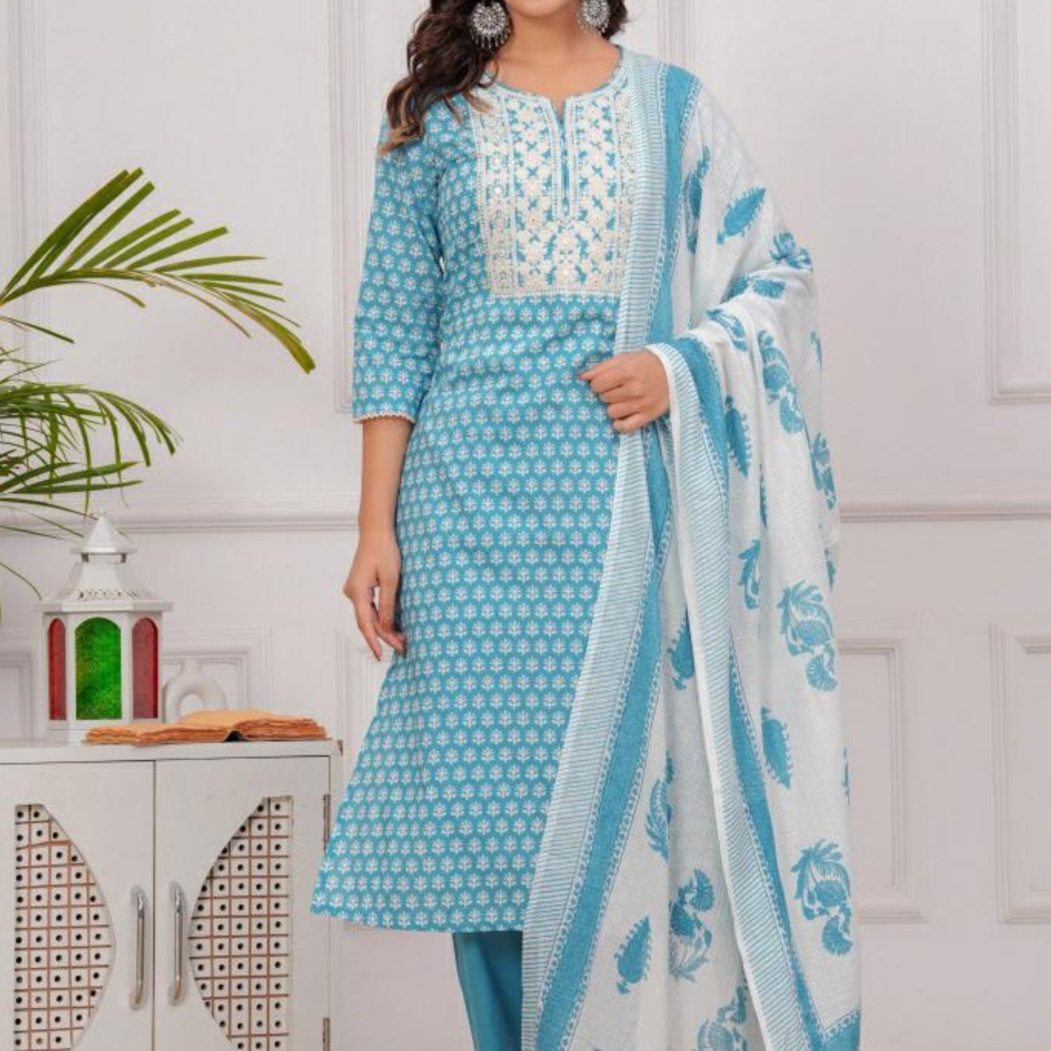 Ocean Blue Cotton Kurta Set with Delicate Yoke Embroidery & Dupatta