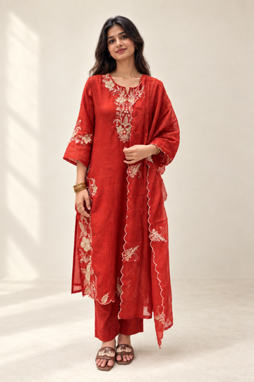 Rust Embroidered Chanderi Straight Kurta with Palazzo & Dupatta Set