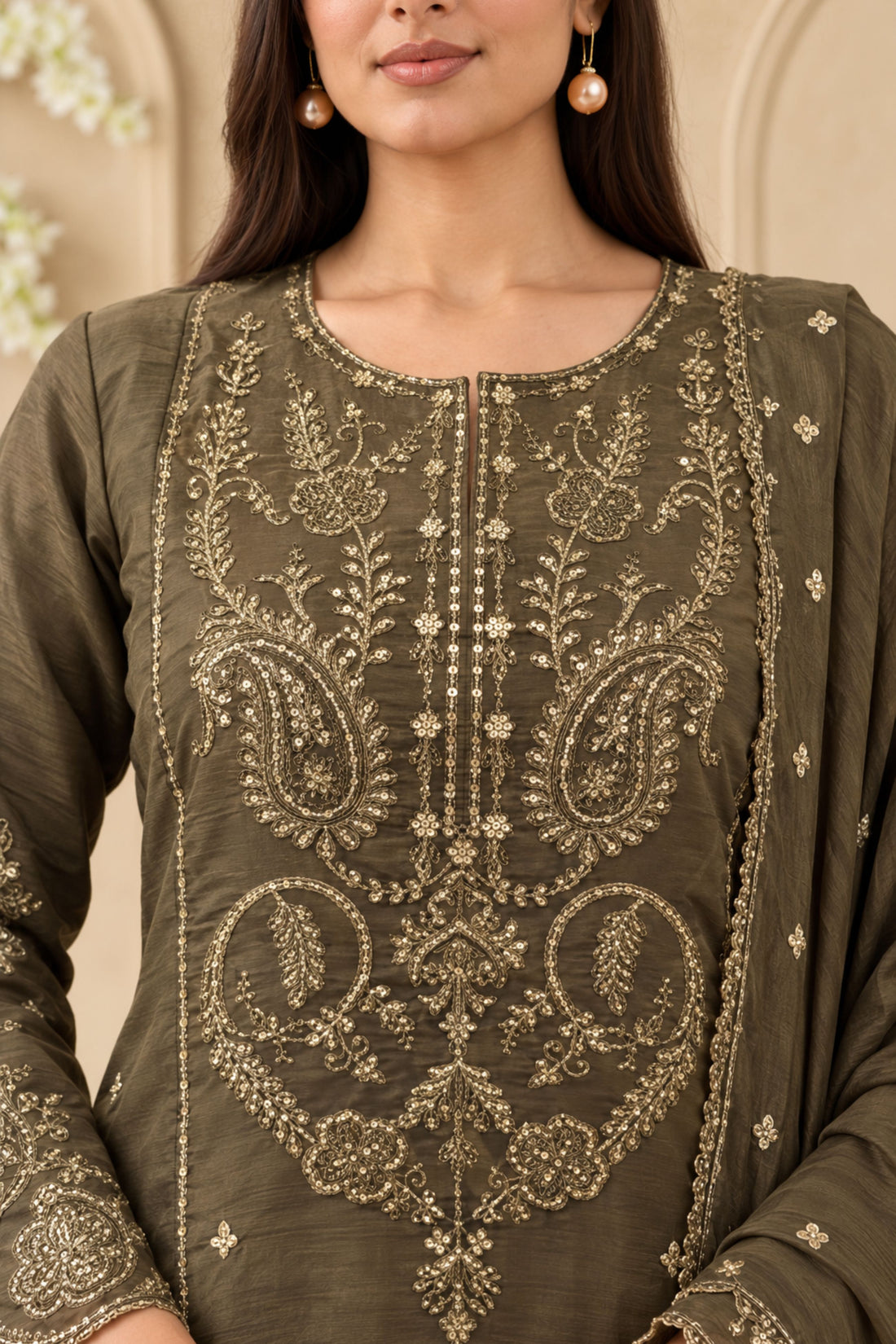 Green Crepe Fabric Floral Embroidered Sequinned A-Line Kurta with Bishop Sleeves, Trousers & Dupatta
