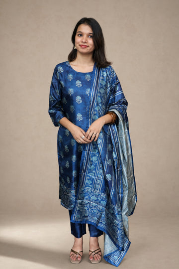 Navy Blue Floral Printed Kurta with Pants & Dupatta