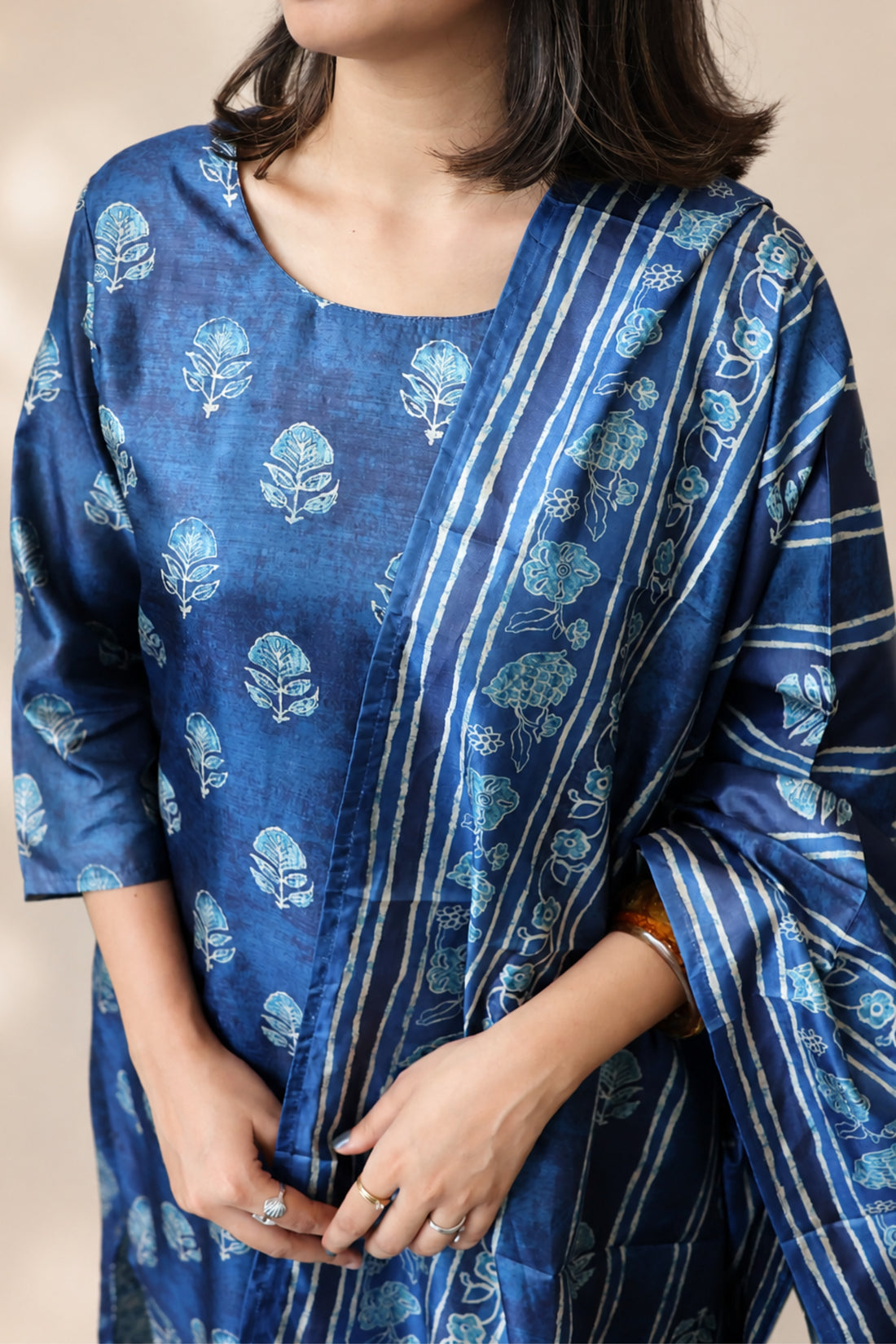 Navy Blue Floral Printed Kurta with Pants & Dupatta