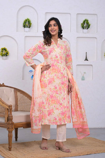 Pink Floral Printed Cotton 3-Piece Suit Set