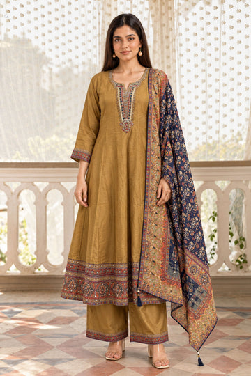 Mustard Yellow Muslin Embellished Anarkali Kurta with Palazzo & Printed Dupatta