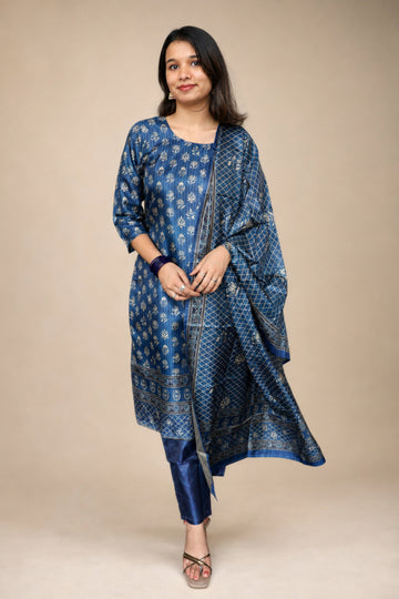Navy Blue Floral Printed Straight Kurta with Pants & Dupatta