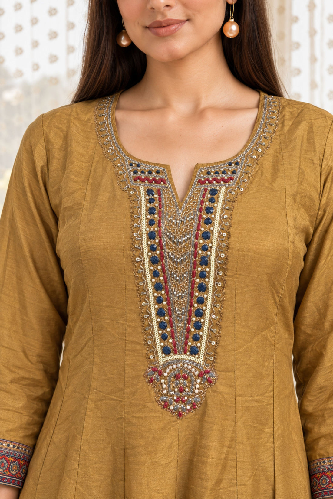 Mustard Yellow Muslin Embellished Anarkali Kurta with Palazzo & Printed Dupatta
