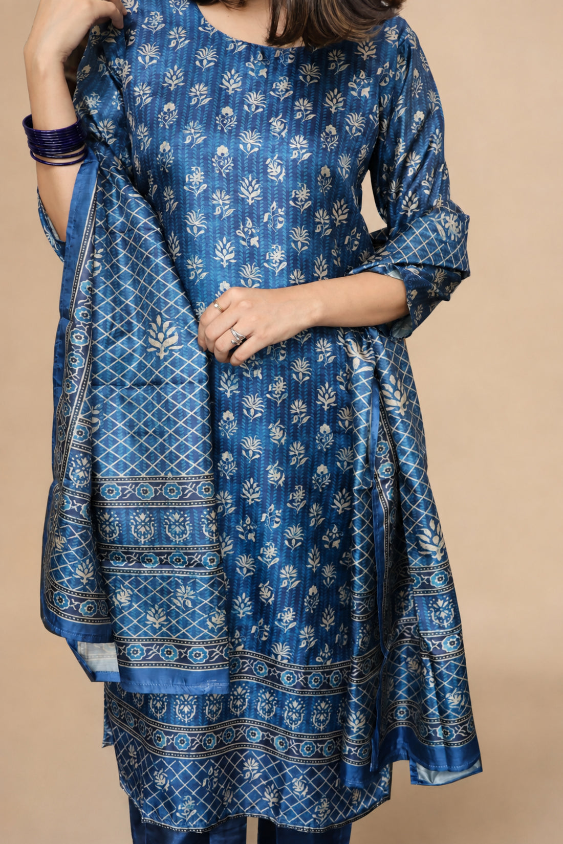 Navy Blue Floral Printed Straight Kurta with Pants & Dupatta