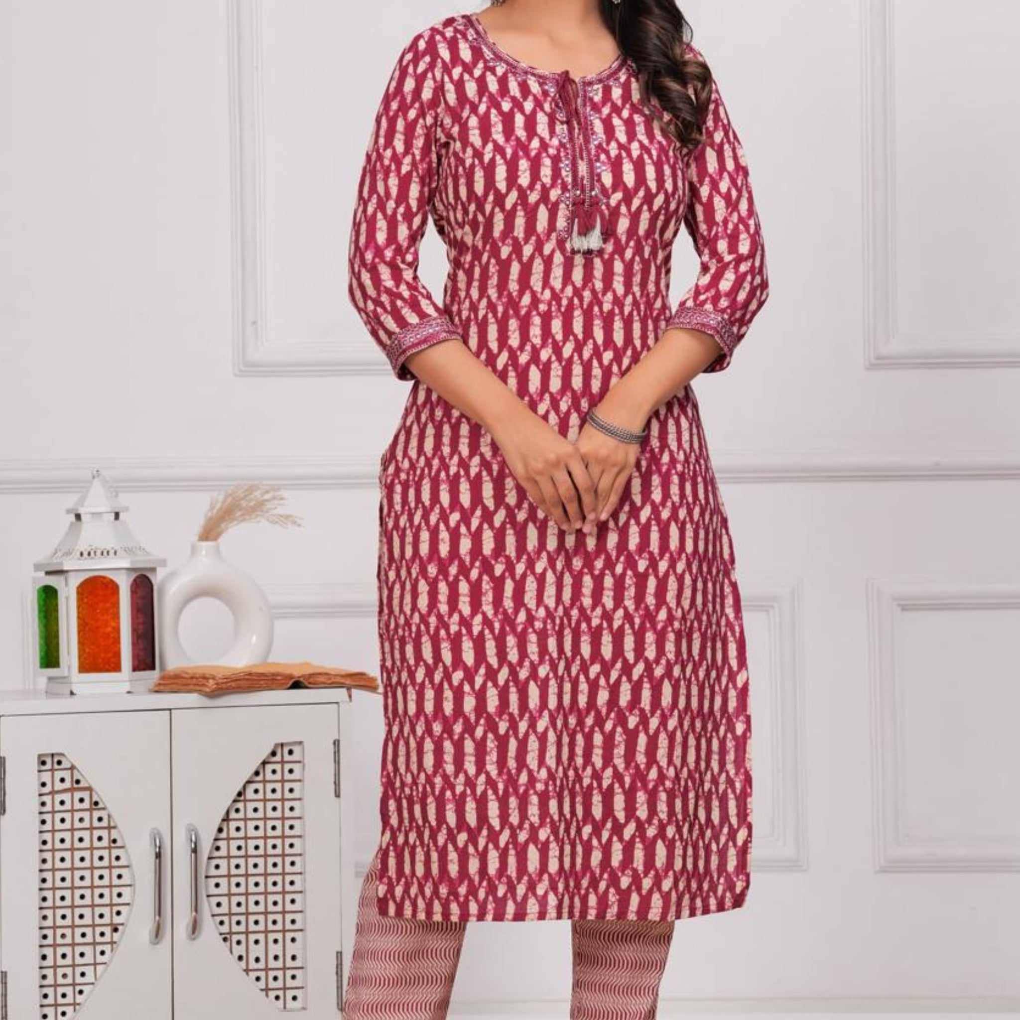Boho Maroon Kurta Set with Tassel Detailing & Cotton Dupatta