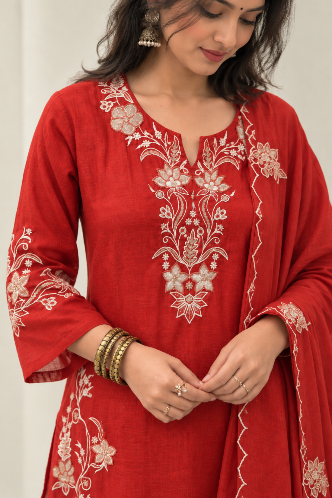Rust Embroidered Chanderi Straight Kurta with Palazzo & Dupatta Set