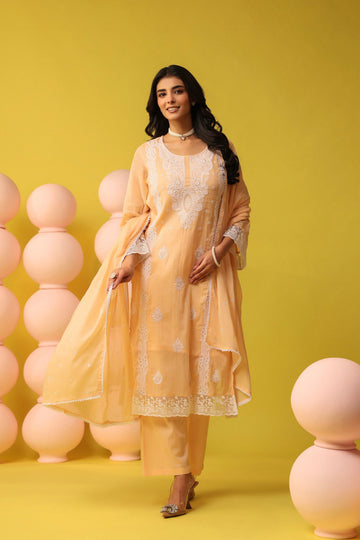 Peach Embroidered Mul Mul Cotton 3-Piece Suit Set