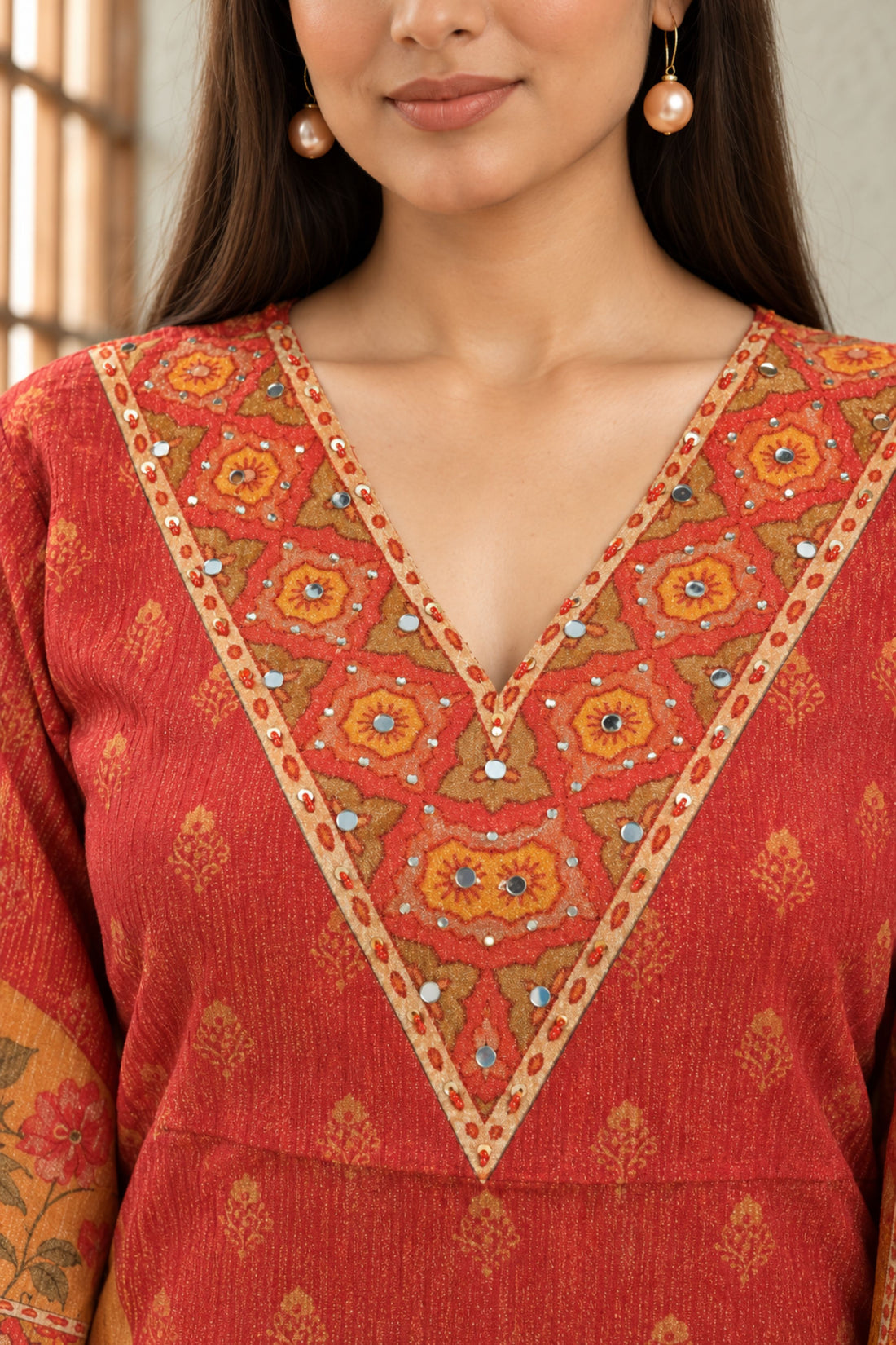 Gajari Chinon Fabric Floral Printed Mirror Work Kurta with Palazzo & Dupatta
