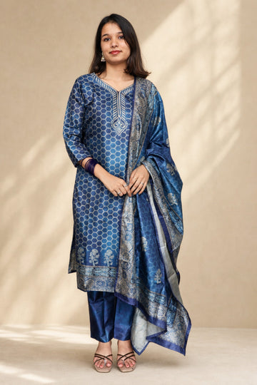 Navy Blue Chanderi Printed 3-Piece Suit Set with Dupatta