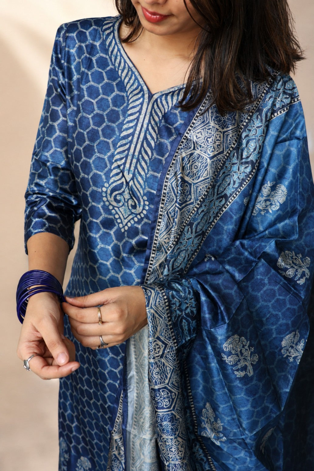 Navy Blue Chanderi Printed 3-Piece Suit Set with Dupatta