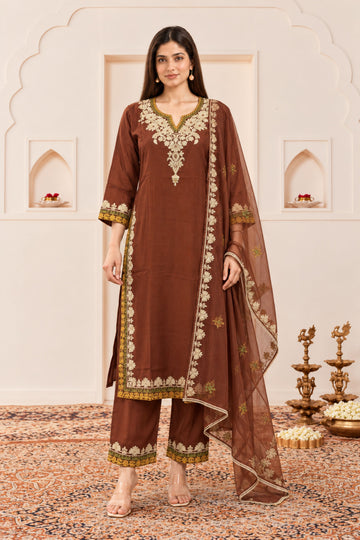 Rust Cotton Floral Embroidered Straight Kurta with Palazzo & Dupatta