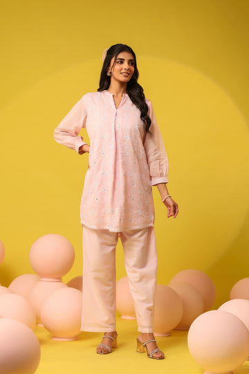 Light Pink Embroidered Mul Mul Cotton Co-ord Set