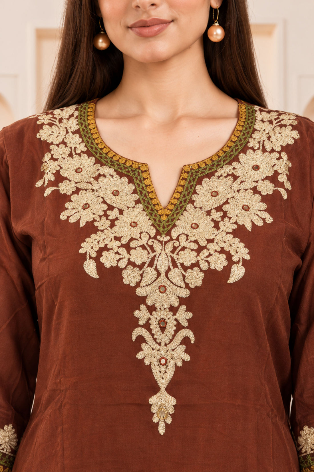 Rust Cotton Floral Embroidered Straight Kurta with Palazzo & Dupatta