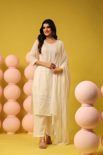 White Embroidered Mul Mul Cotton 3-Piece Suit Set
