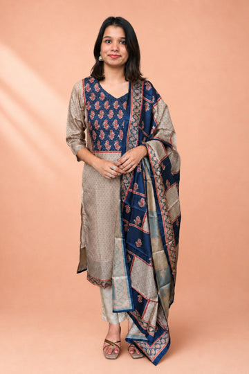Beige Printed Chanderi Straight Kurta with Pants & Dupatta
