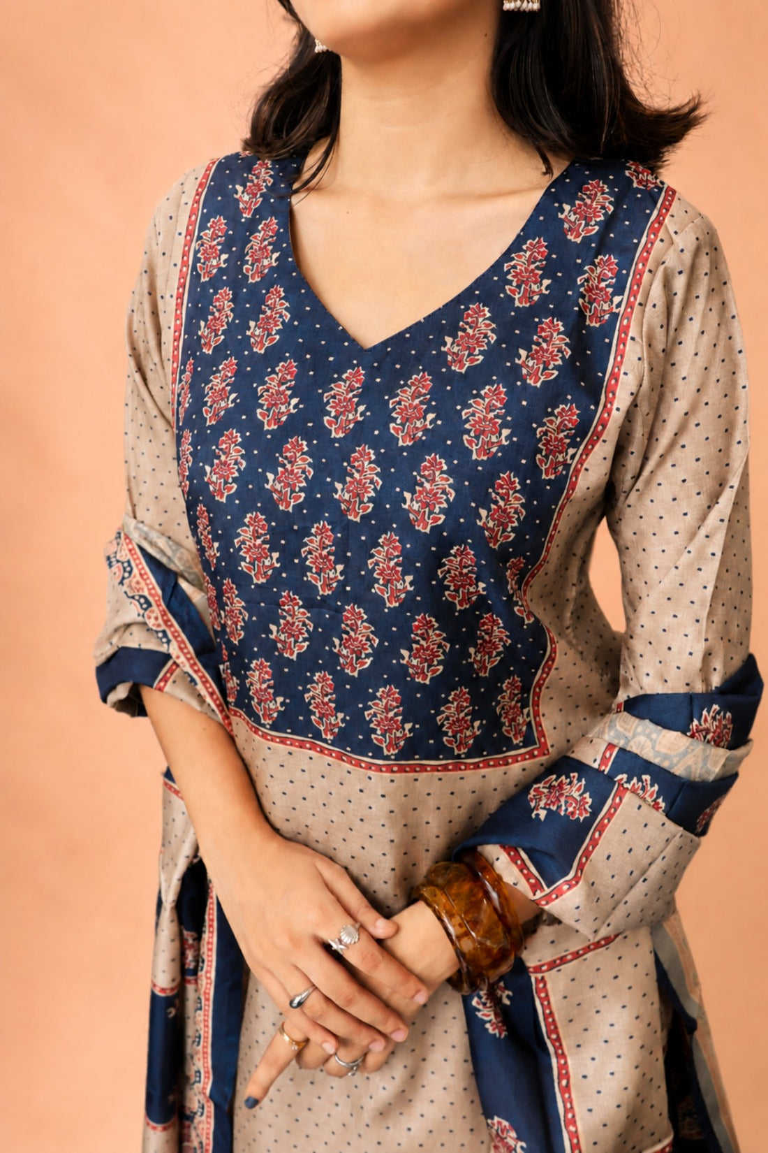 Beige Printed Chanderi Straight Kurta with Pants & Dupatta