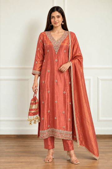 Orange Shimmer fabric Embroidered V-Neck Tissue Kurta with Trousers & Dupatta