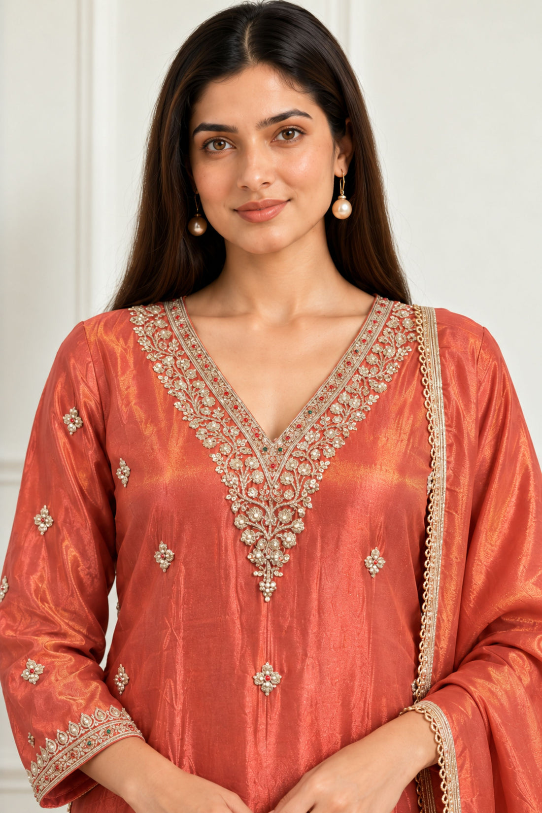 Orange Shimmer fabric Embroidered V-Neck Tissue Kurta with Trousers & Dupatta