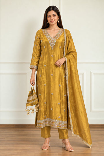 Mustard Shimmer fabric Embroidered V-Neck Tissue Kurta with Trousers & Dupatta