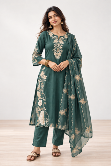 Green Embroidered Chanderi Straight Kurta with Palazzo & Dupatta Set