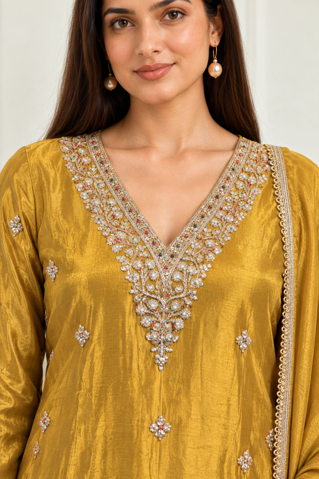 Mustard Shimmer fabric Embroidered V-Neck Tissue Kurta with Trousers & Dupatta