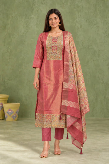 Gajari Chanderi fabric & Gold Embroidered Kurta with Trousers & Dupatta