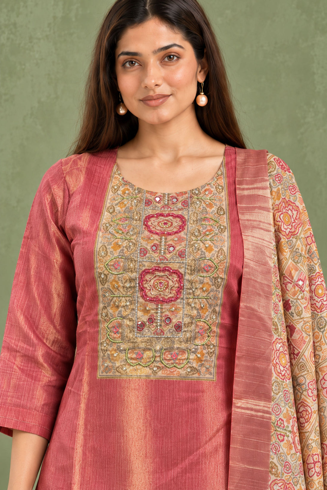 Gajari Chanderi fabric & Gold Embroidered Kurta with Trousers & Dupatta