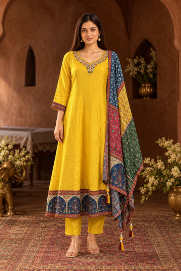 Yellow Crepe Fabric Embroidered Anarkali Kurta with Palazzo & Multicolour Printed Dupatta