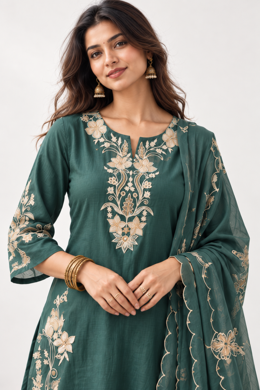 Green Embroidered Chanderi Straight Kurta with Palazzo & Dupatta Set