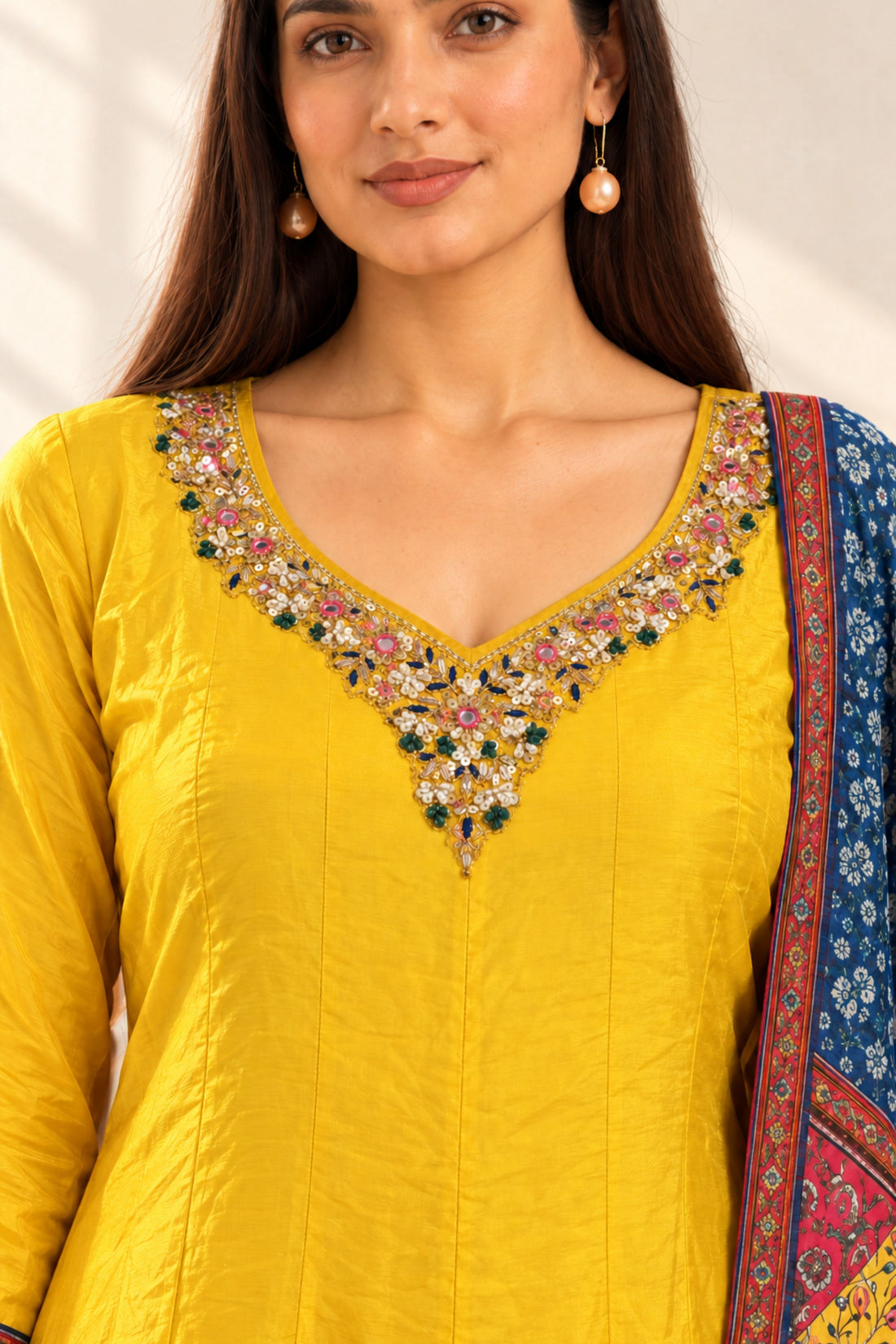 Yellow Crepe Fabric Embroidered Anarkali Kurta with Palazzo & Multicolour Printed Dupatta