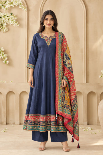 Navy Blue Crepe Fabric Embroidered Anarkali Kurta with Palazzo & Multicolour Printed Dupatta